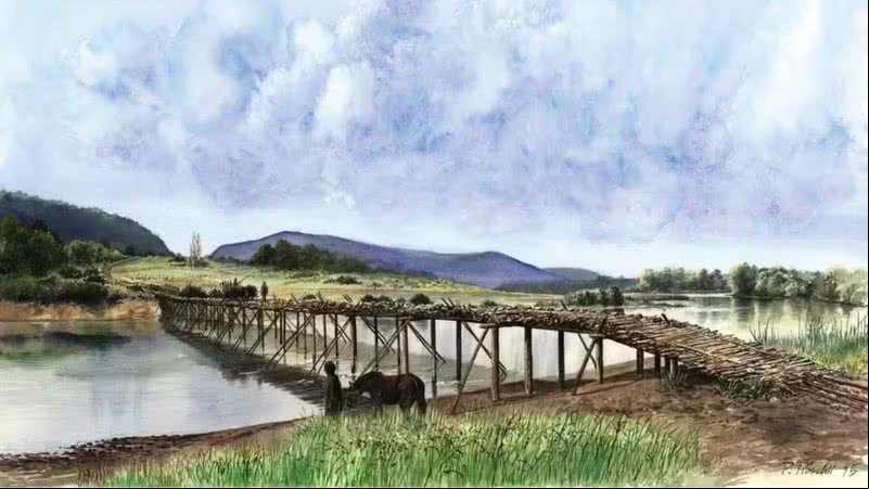 Ilustração da ponte construída pelos celtas no final da Idade do Ferro - Divulgação/Parque e Museu Arqueológico, Neuchâtel