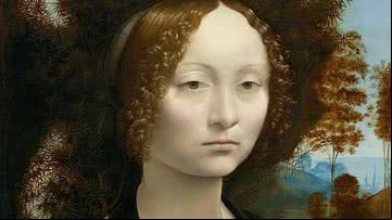 Recorte do retrato de Ginevra de' Benci, por Leonardo da Vinci - Domínio Público