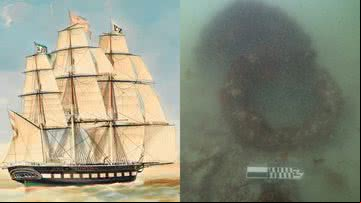 Ilustração representando o navio Koning Willem de Tweede e restos do naufrágio - Reprodução/Facebook/Australian National Maritime Museum
