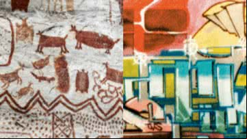 Pinturas Rupestres e pinturas no estilo graffiti - Getty Images e Acervo T-Kid / Itaú Cultural