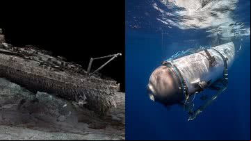 Registro dos destroços do Titanic em varredura e imagem do submarino - Atlantic Productions/Magellan e Divulgação/Oceangate Expeditions