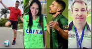 Jakson Follmann, Ximena Suárez, Alan Ruschel e Rafael Henzel, sobreviventes do voo da Chape - Montagem c/ Arquivo Pessoal
